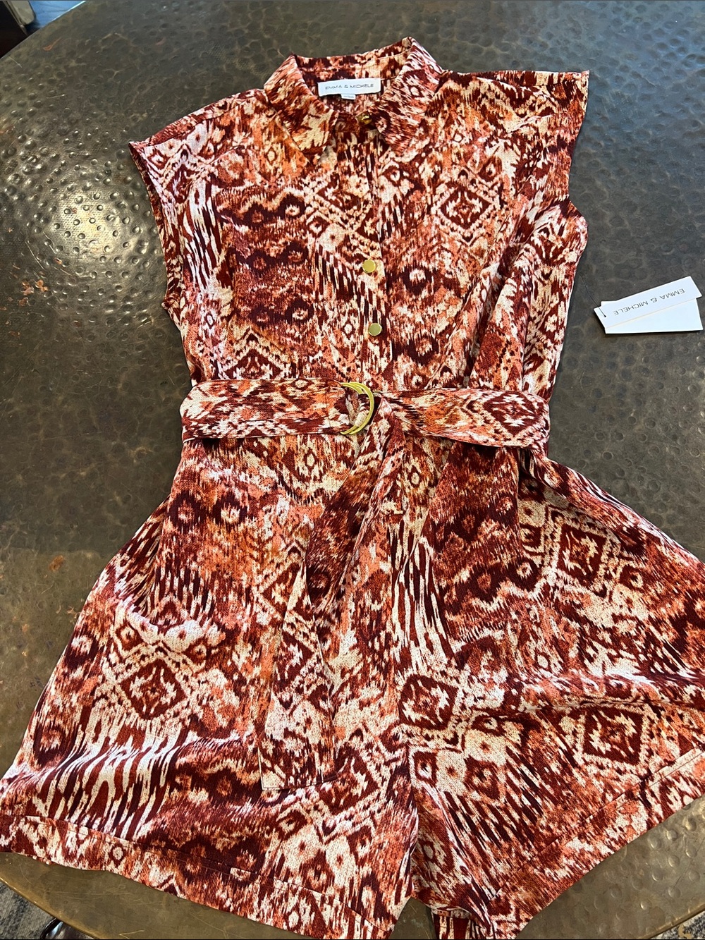 Emma & Michele Rust, Cream and Brown Ikat Belted Mini Romper
